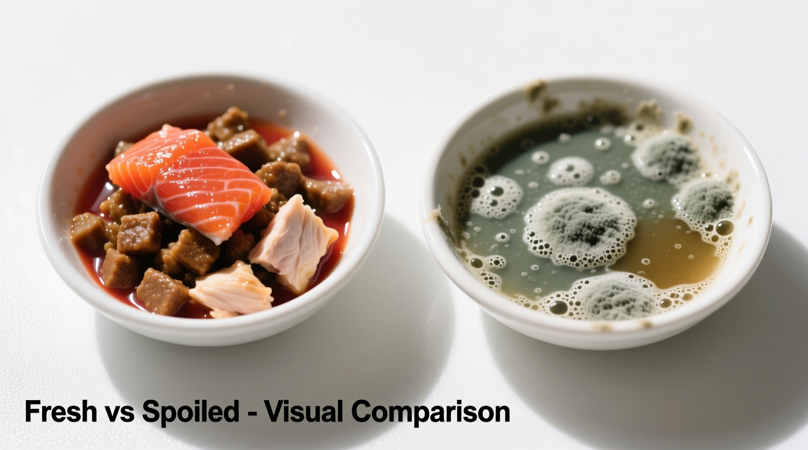 Close-up of fresh versus spoiled wet cat food in bowls