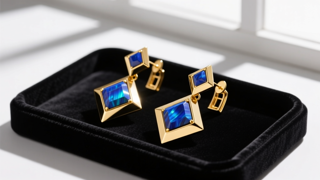 Flat lay of bold 1980s gold-tone geometric clip-on earrings with faux lapis stones on a dark velvet jewelry display tray.