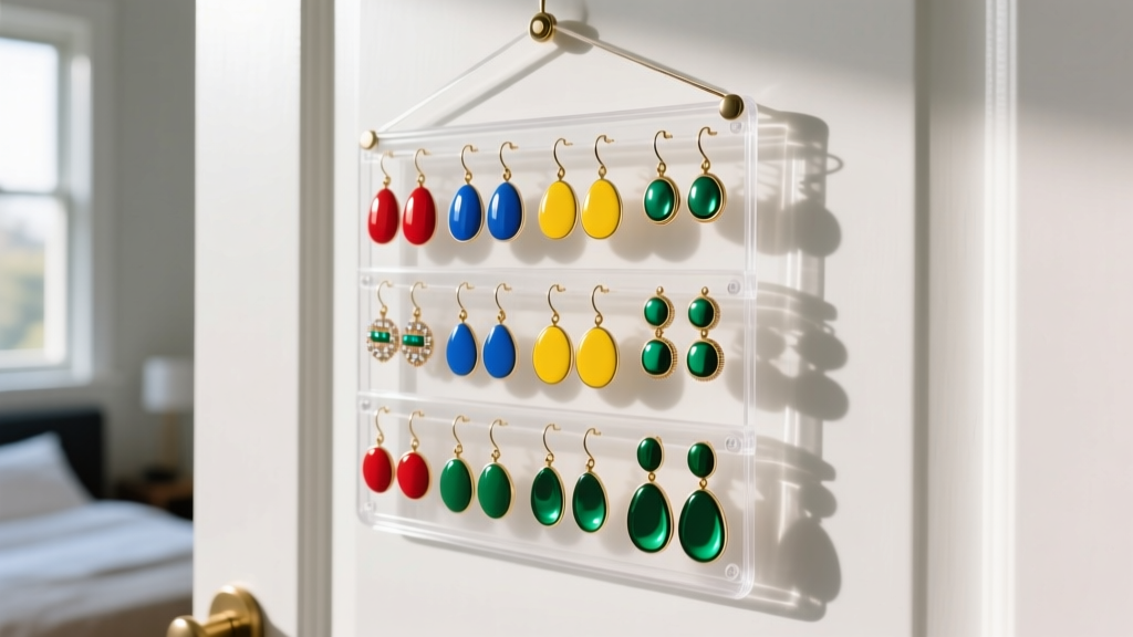 Clear TPU dual-sided hanging earring organizer filled with bright enamel earrings, hanging neatly on a modern white bedroom door.