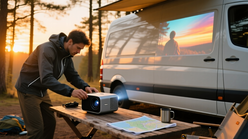 Tech enthusiast setting up a compact pico projector on a camping table, projecting a vibrant movie onto a white van at dusk.