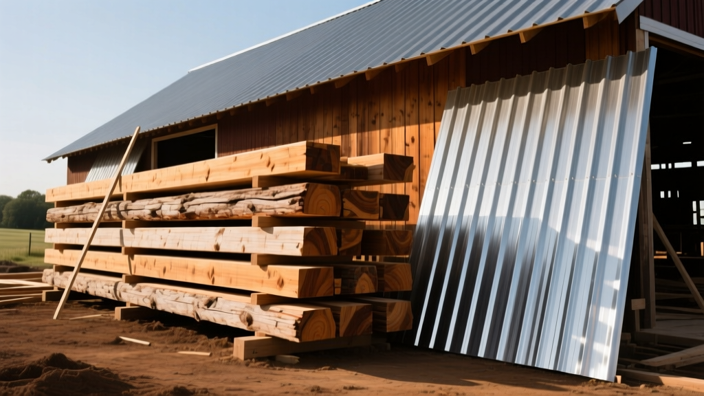 Weathered reclaimed timber beams stacked next to corrugated metal roofing panels at a rural pole barn construction site