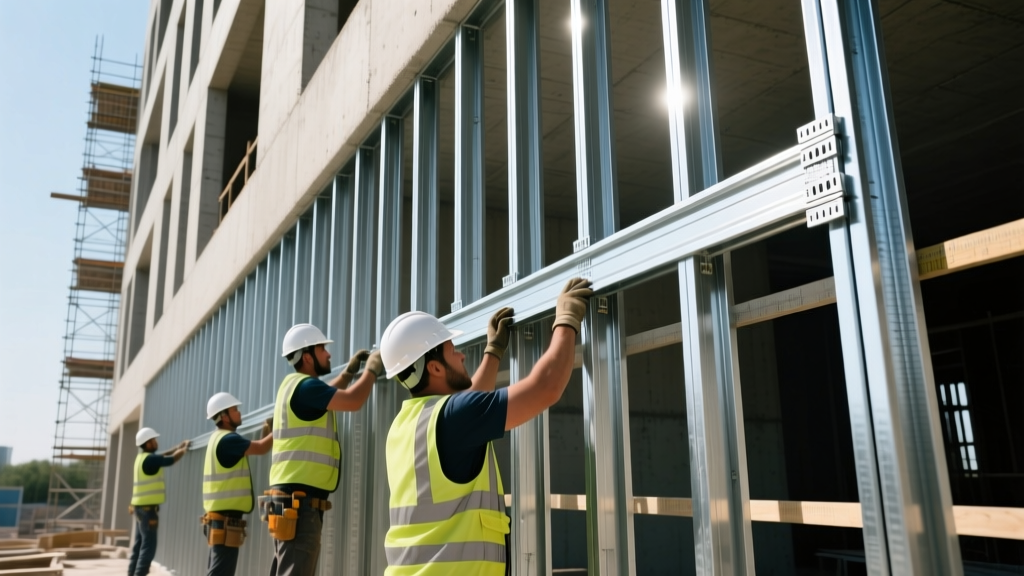 Commercial construction site showing workers installing galvanized cold form steel framing studs and tracks for a mid-rise exterior wall