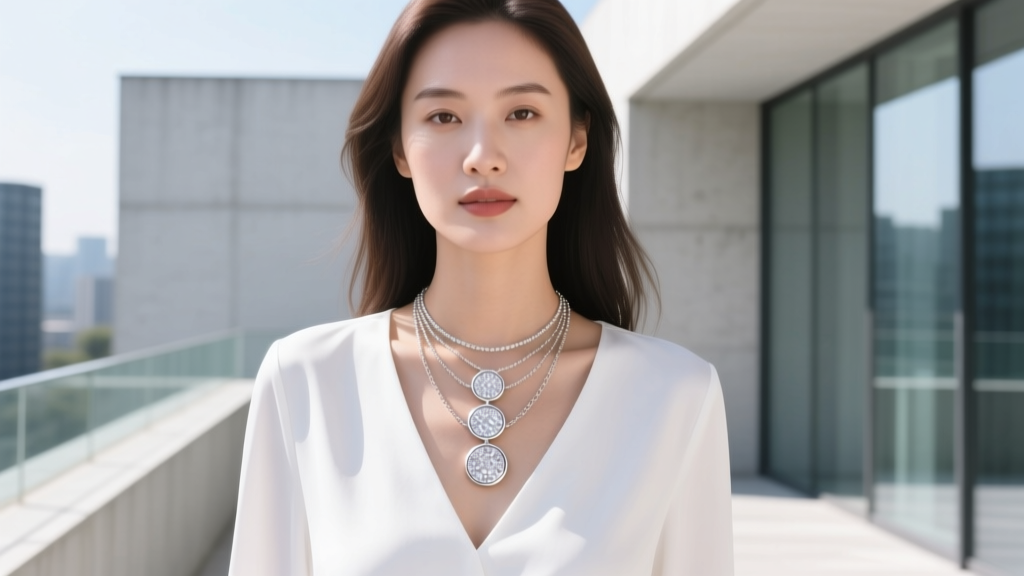 Woman wearing a layered stack with a 3 circle necklace as the middle piece over a white V-neck blouse in bright natural daylight
