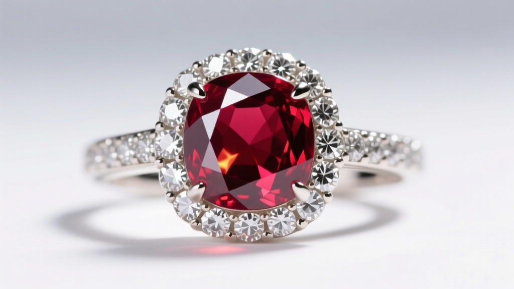 Macro shot of an untreated Burmese ruby pendant with pave diamonds, highlighting its deep pigeon-blood red hue in daylight