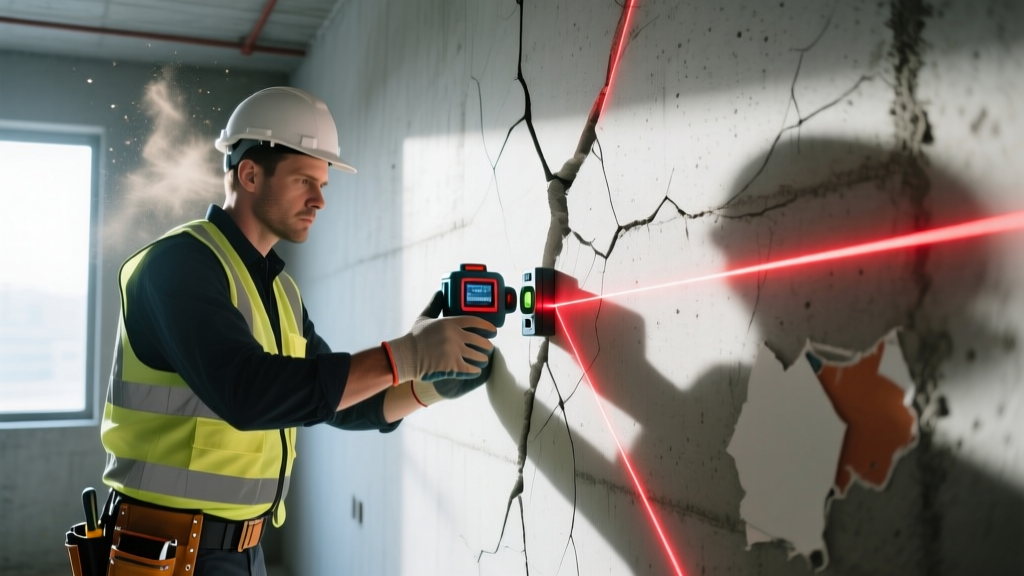 Structural engineer inspecting a cracked poured concrete basement wall with a laser level during a foundation repair assessment