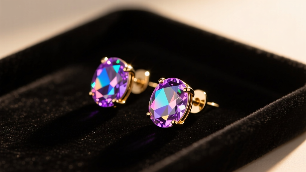 Vintage Weiss clip-on earrings with aurora borealis rhinestones on a dark velvet tray under soft warm lighting.