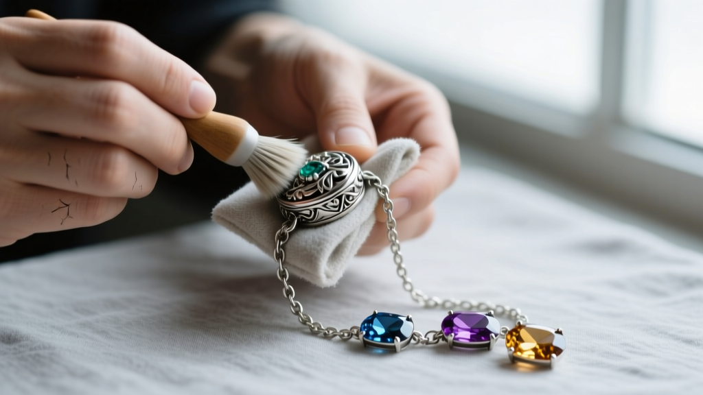 Close-up of hands using a microfiber polishing cloth to buff a tarnished sterling silver charm holder chain and gemstone charms