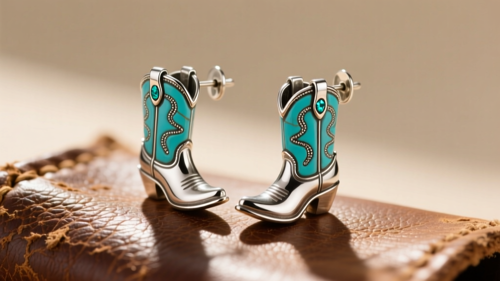 Sterling silver cowgirl boot earrings with turquoise inlay resting on distressed leather under warm, directional sunlight