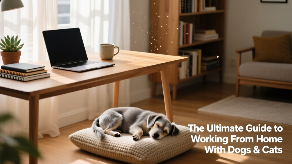 A tidy home office setup with a small dog peacefully napping on a cushioned mat beside the desk