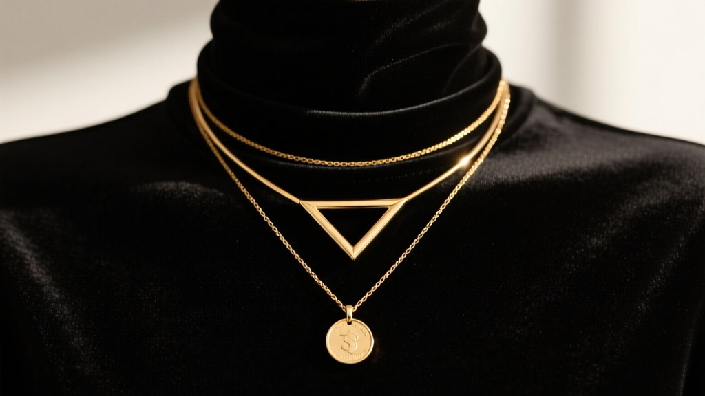 Layered gold necklaces including a triangle lariat and coin pendant over a black turtleneck, showing a modern minimalist aesthetic.