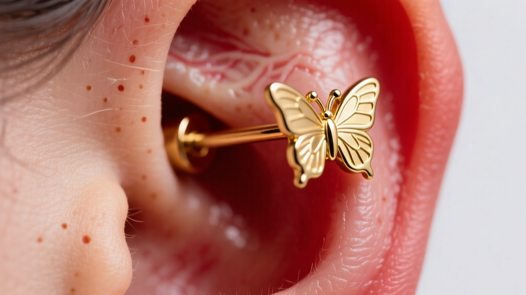 Macro shot of a 20-gauge gold earring post with a butterfly back embedded in a swollen red earlobe under bright clinical lighting.