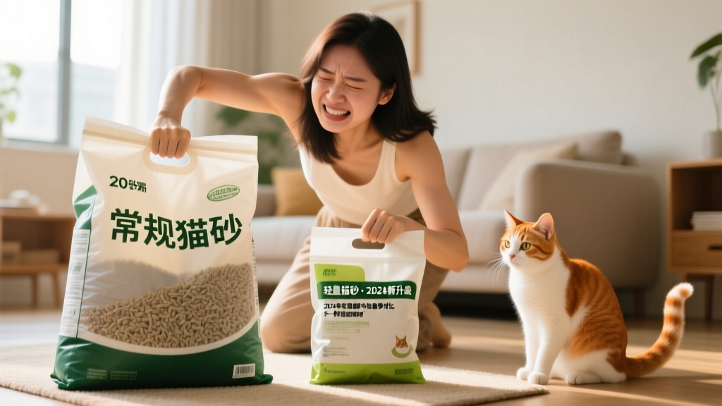 Person lifting a 20-pound bag of regular cat litter with visible effort, contrasted with轻松 lifting a lightweight bag