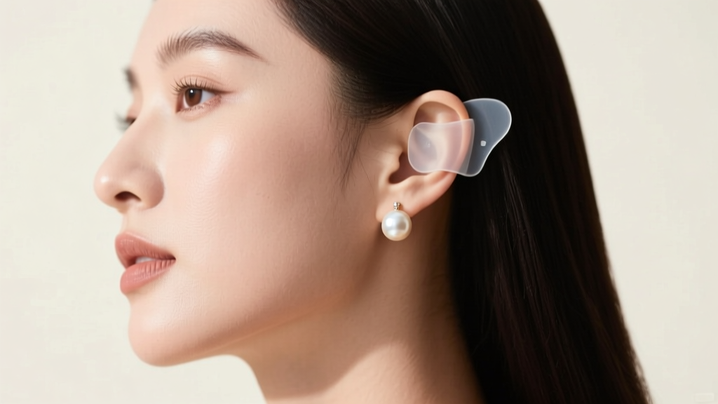 Side view of a woman wearing a pearl drop earring with a clear silicone support patch behind the lobe to prevent stretching