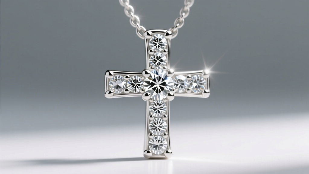 Macro shot of a 0.15 carat diamond cross pendant in white gold, showcasing prong-set round brilliant diamonds sparkling brightly.