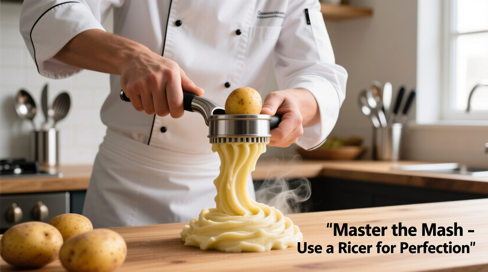 Chef demonstrating proper potato mashing technique with ricer