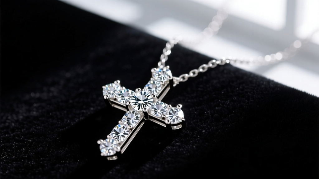 Macro shot of a clear cross necklace pendant with brilliant-cut moissanite stones in 14k white gold prongs on dark velvet.