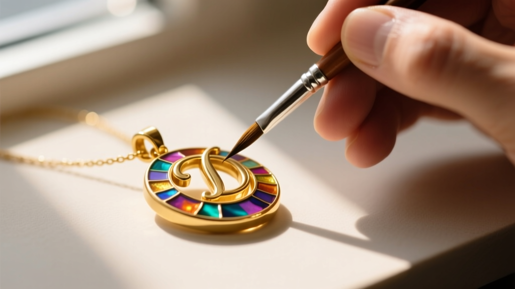 Macro photography of a jewelry artisan applying grand feu vitreous enamel to a gold initial pendant using a fine-tipped brush.
