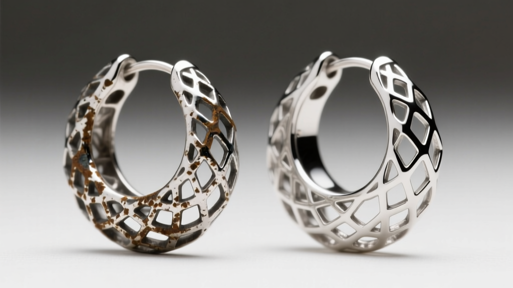 Macro view of tarnished 925 sterling silver web earrings beside bright Argentium silver web earrings under crisp studio light.