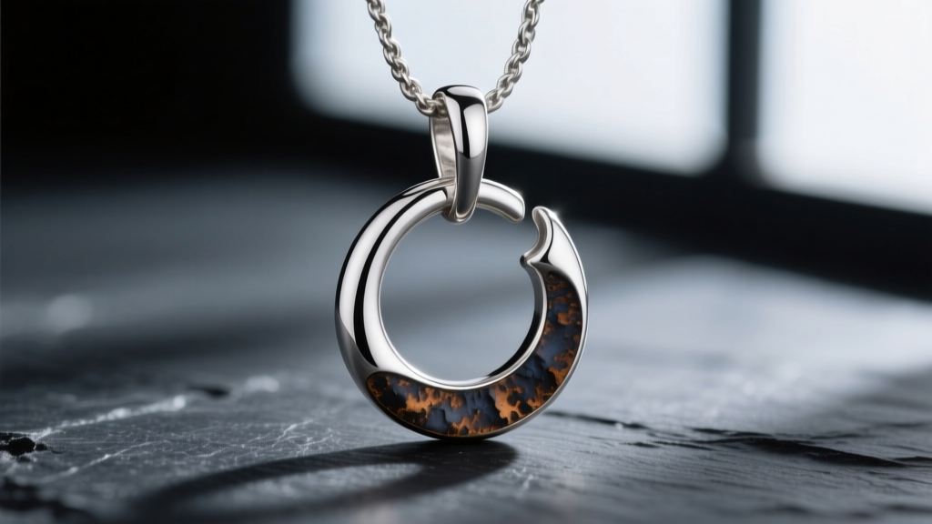 Macro shot of a 925 sterling silver circle hook pendant showing oxidized texture and a seamless soldered bail on dark slate