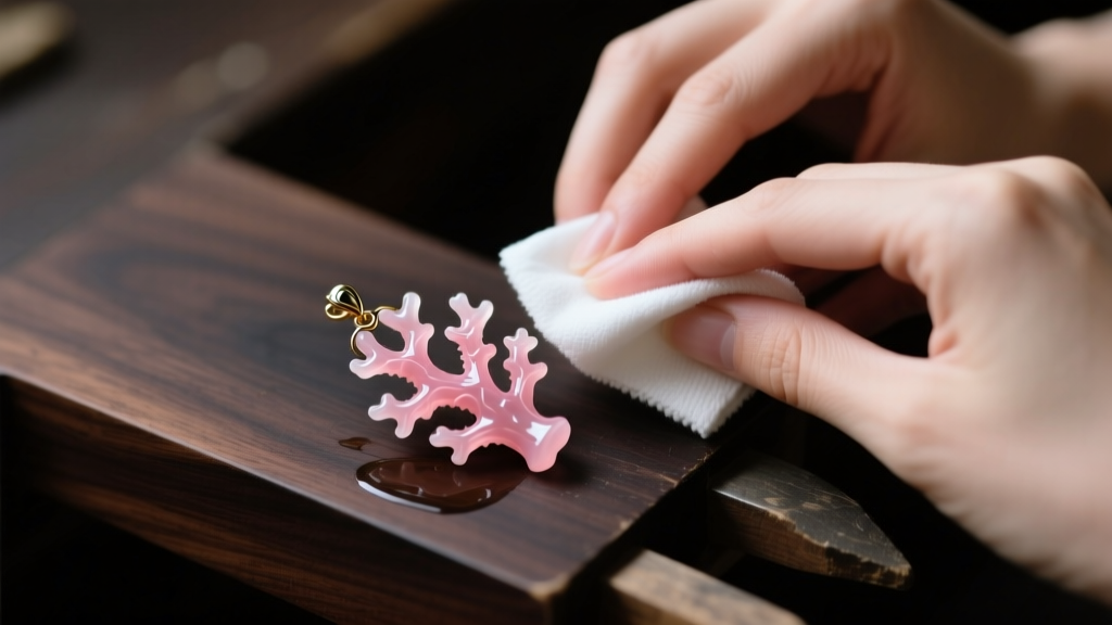Hands gently wiping a delicate pink coral branch pendant with a damp microfiber cloth on a dark wooden jewelry workbench.