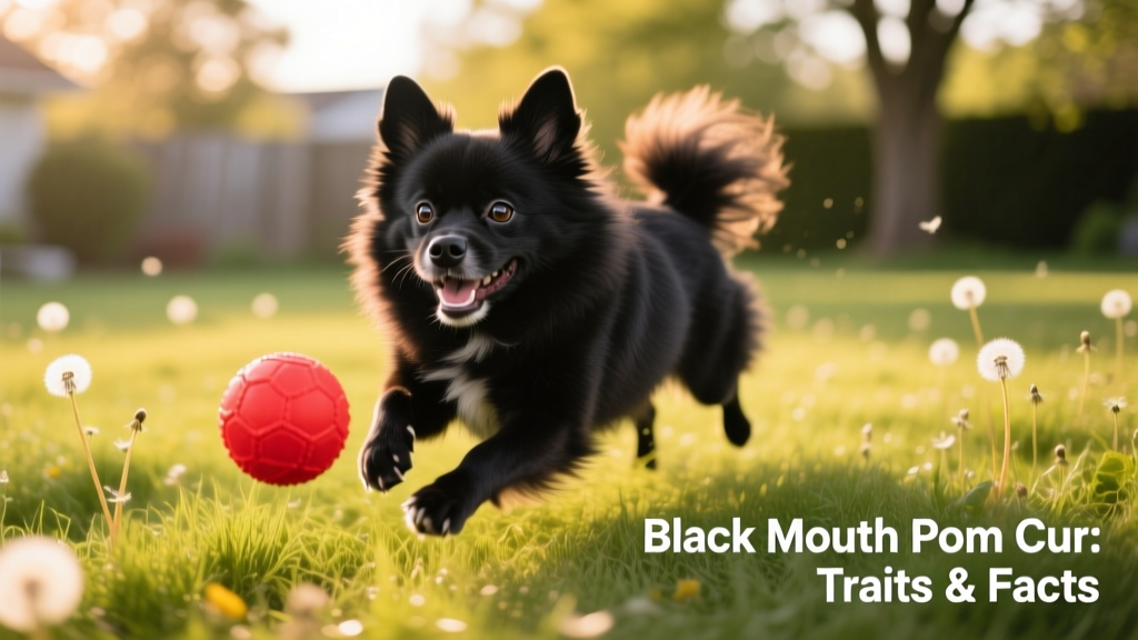 A Black Mouth Pom Cur playing fetch in a grassy yard, showcasing energy, focus, and joyful engagement