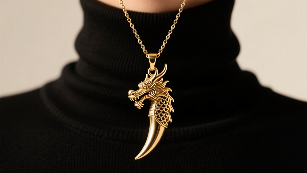 Brass dragon tooth pendant hanging over a black turtleneck, showing the talisman drop length under soft warm studio lighting.