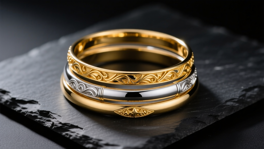 Three stacked gold and silver bangle jewelry pieces resting on dark slate, illuminated by soft, warm directional studio lighting