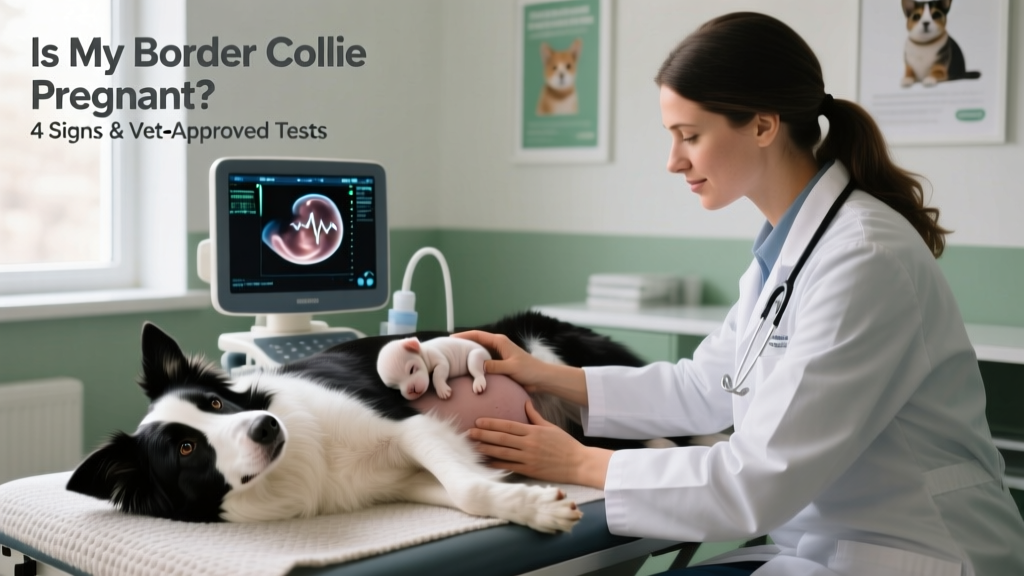 Veterinarian gently performing an ultrasound on a pregnant Border Collie's abdomen