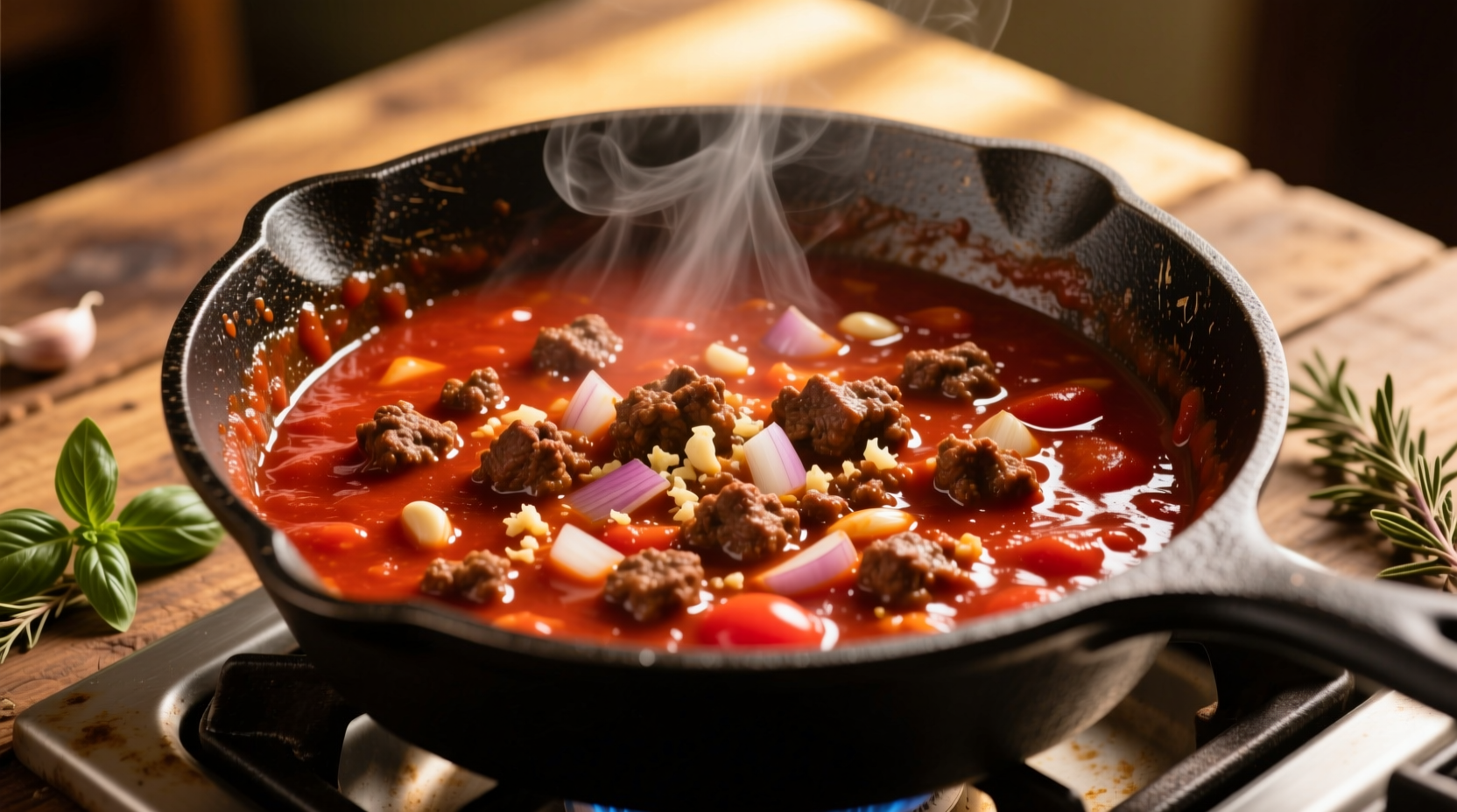 Tomato meat sauce simmering in cast iron pot