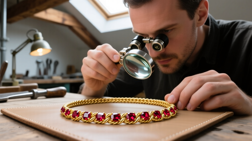 Jeweler using a 10x triplet loupe to inspect the hallmarks and ruby clarity on a mens 14k gold rope chain necklace in a workshop