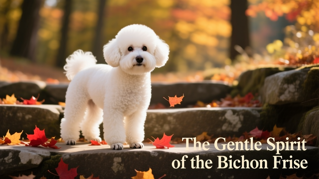 Fluffy Bichon frise stands on steps with autumn leaves