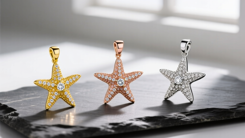 Three diamond starfish pendants in yellow, rose, and white gold on slate, showing size differences and metal color contrasts.