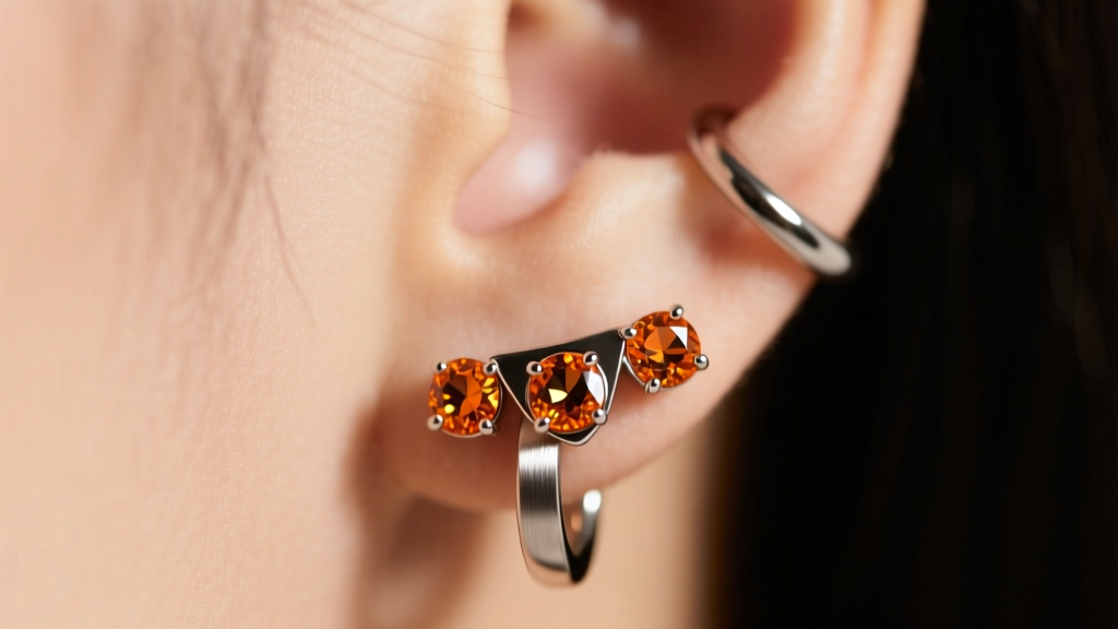 Close-up of an ear wearing a 16-gauge titanium huggie hoop featuring three bezel-set precision-cut orange glass rhinestones.