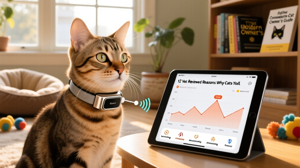 Cat wearing a sleek, lightweight smart collar connected to a mobile app interface showing vocalization history chart
