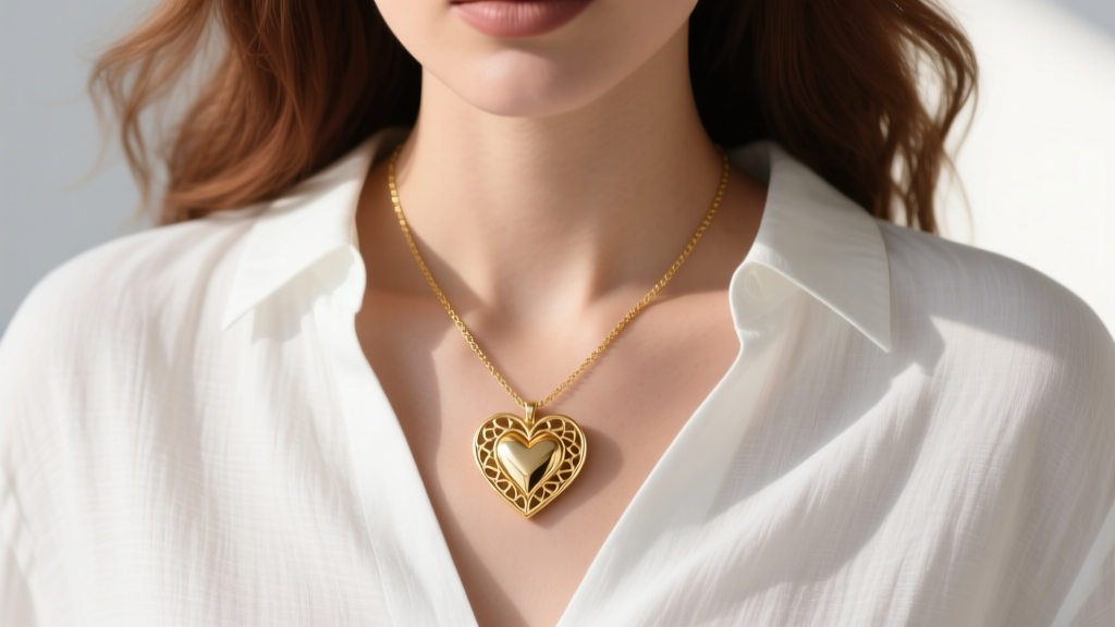 Close-up of a woman wearing a delicate 18-inch 18ct gold vermeil Susan Shaw heart necklace over a crisp white linen button-down.