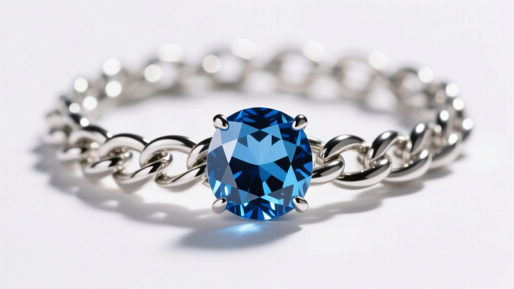 Macro photo of Argentium silver chain and faceted London blue topaz, showing bright metal polish and deep blue gemstone reflections