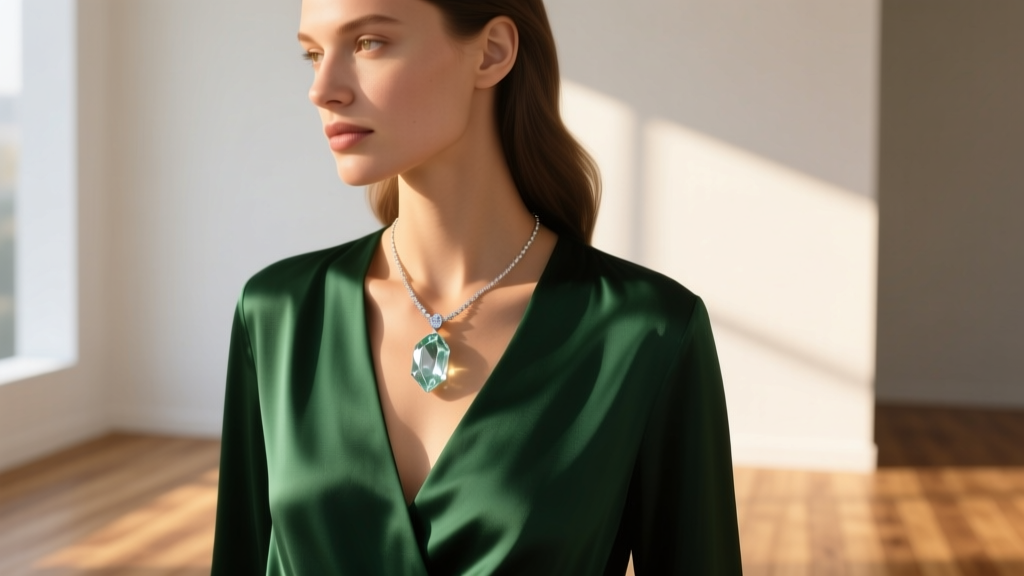 Woman wearing a Mary DeMarco raw quartz pendant necklace over a dark green V-neck silk blouse in warm, natural afternoon sunlight