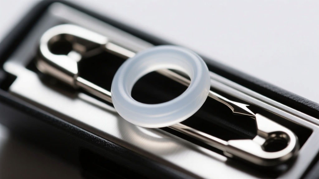 Macro photography of a translucent silicone O-ring securing the sharp point of a titanium safety pin inside its metal clasp hood