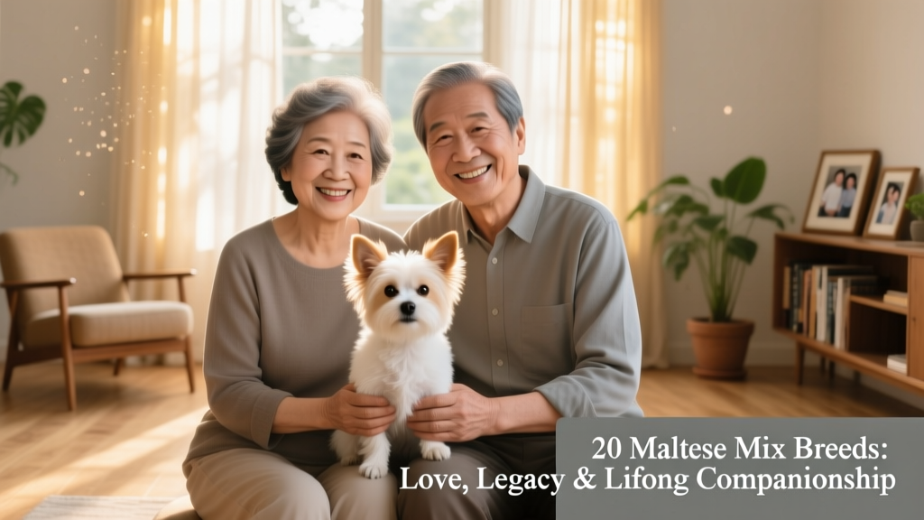 A senior couple smiling as their Maltese mix rests calmly on their laps during a sunny afternoon indoors
