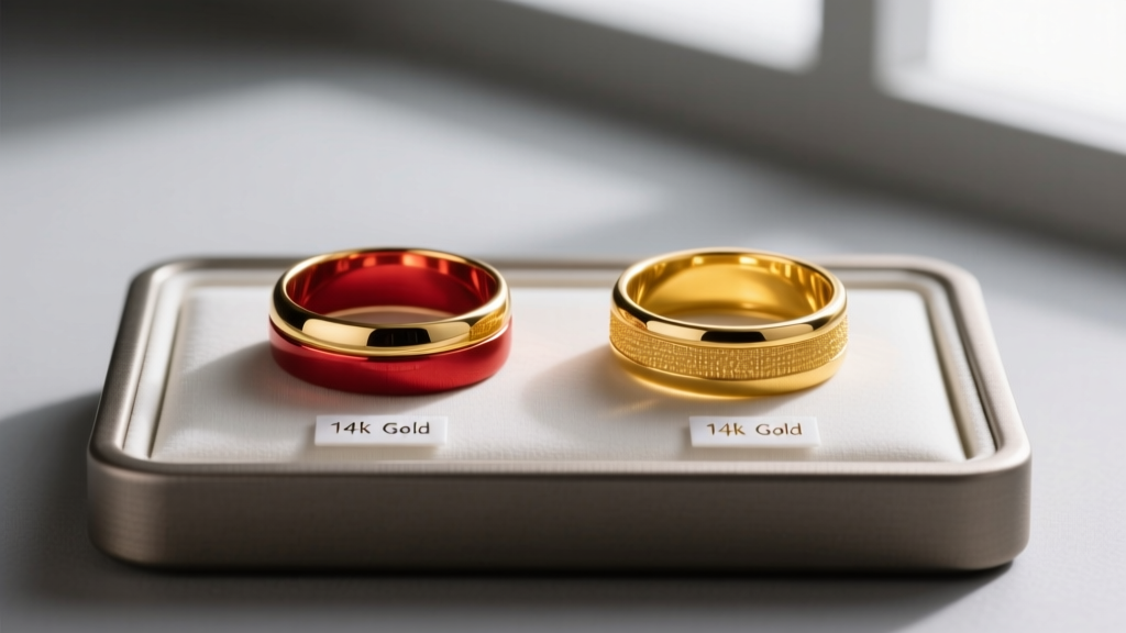 Polished 14k red gold and yellow gold alloy comparison on a jeweler's workbench, showing distinct copper-rich color variations.