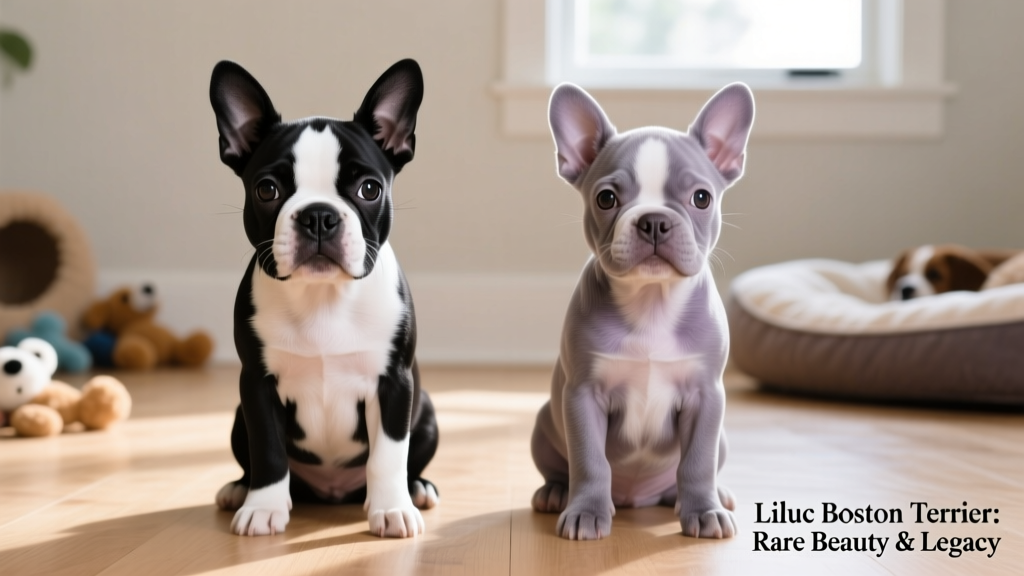 Side-by-side comparison showing standard black-and-white versus lilac Boston Terrier puppies, highlighting subtle coat differences and shared facial structure