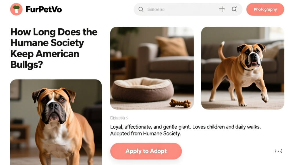 Screenshot-style image showing a clean, mobile-friendly FurPetVo profile page for an American Bulldog, with photos, bio, and 'Apply to Adopt' button
