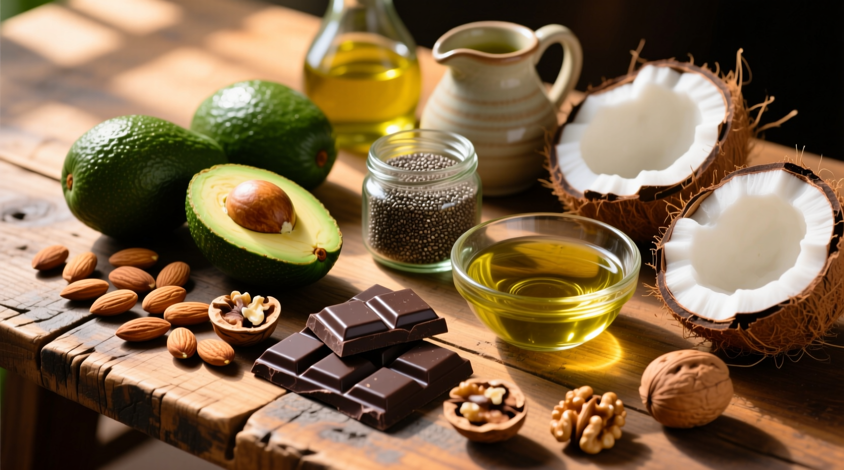 Variety of healthy high-fat foods on wooden table