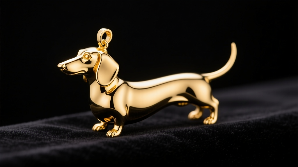 14k solid gold dachshund pendant on dark velvet, highlighting thin legs and elongated body shape under soft studio lighting