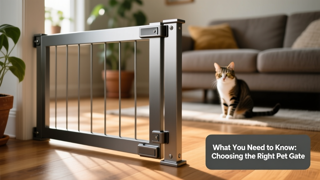 Close-up of a well-designed hardware-mounted pet gate with smooth latch mechanism and reinforced corner joints