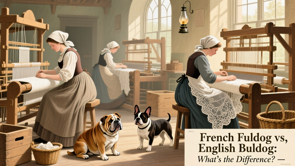 Historical illustration showing English lace workers with small Bulldogs in 19th-century France