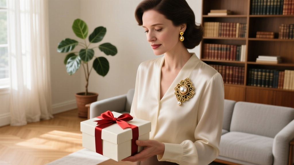 Woman receiving a gift box with a vintage Miriam Haskell faux pearl and Russian gilt wirework brooch in a softly lit living room