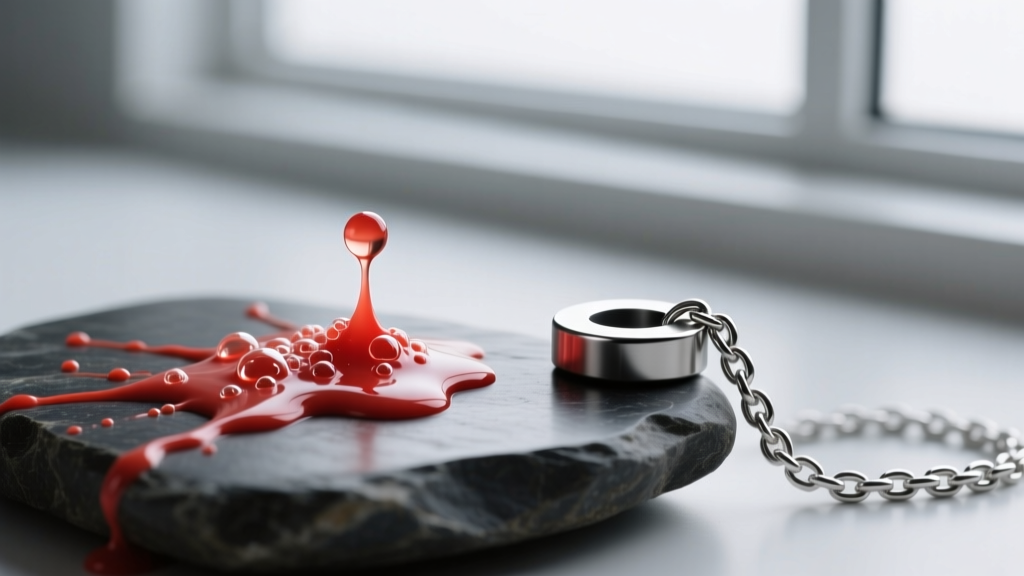 Testing acid on a stone showing a creamy red reaction, beside a neodymium magnet resting on a polished sterling silver chain.