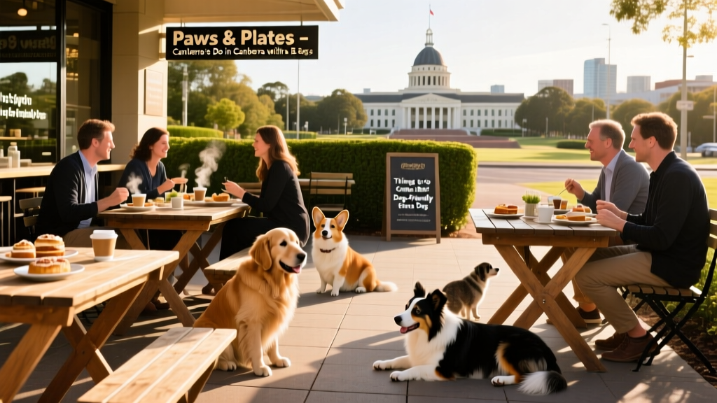 A bustling outdoor dining area at a dog-friendly restaurant, with diners seated at wooden tables and dogs resting peacefully on pavers nearby