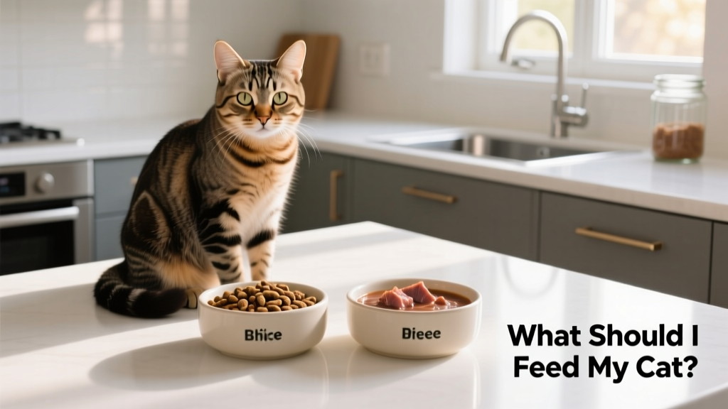 A healthy adult cat sitting beside two bowls—one with dry kibble, one with wet food—on a clean kitchen counter